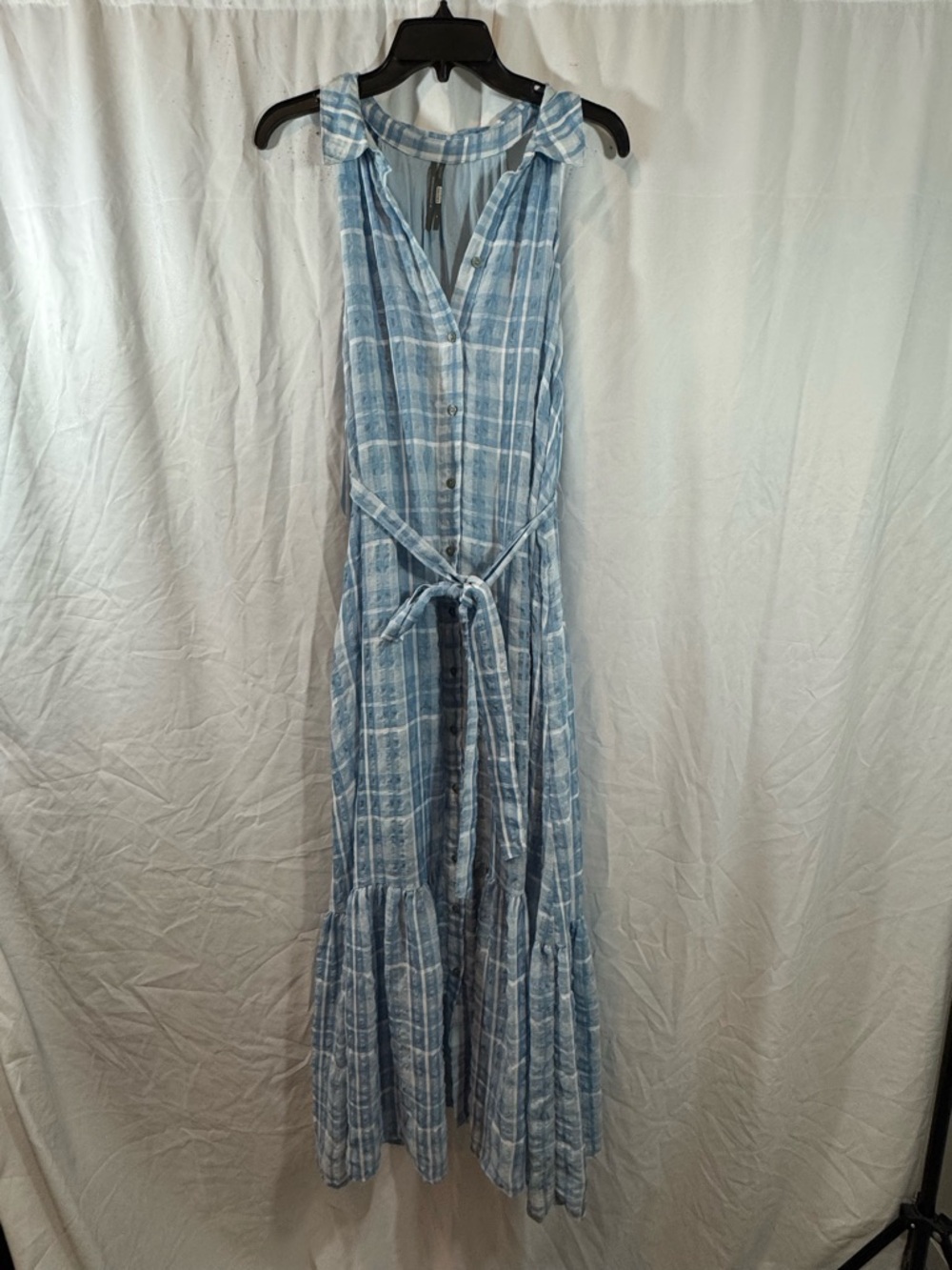 Anthropologie Light Blue Plaid Tie-Waist Maxi Dress M